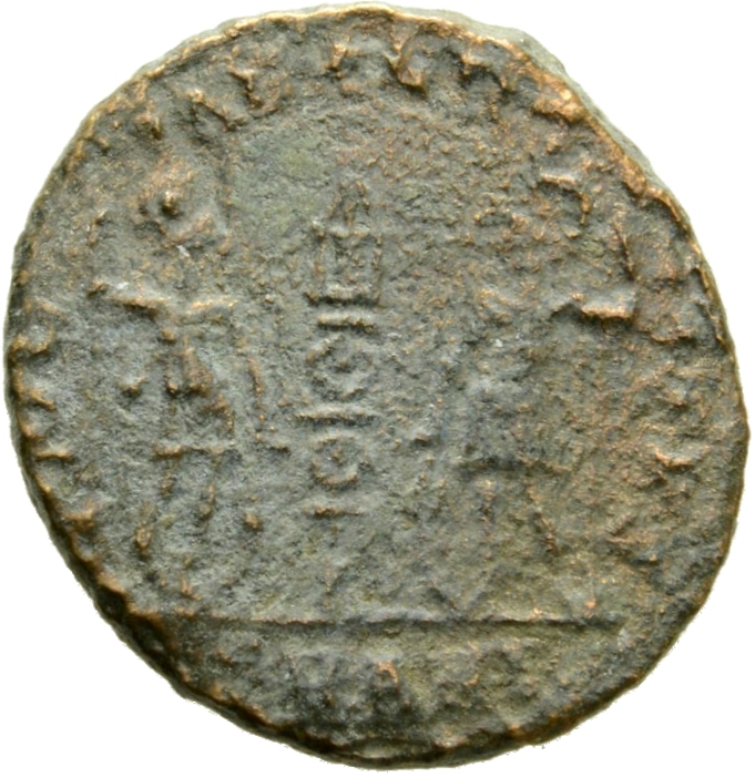 RIC VIII Antioch 45 Constantius II reverse, Two soldiers, helmeted, draped, cuirassed, facing front, heads toward each oth...