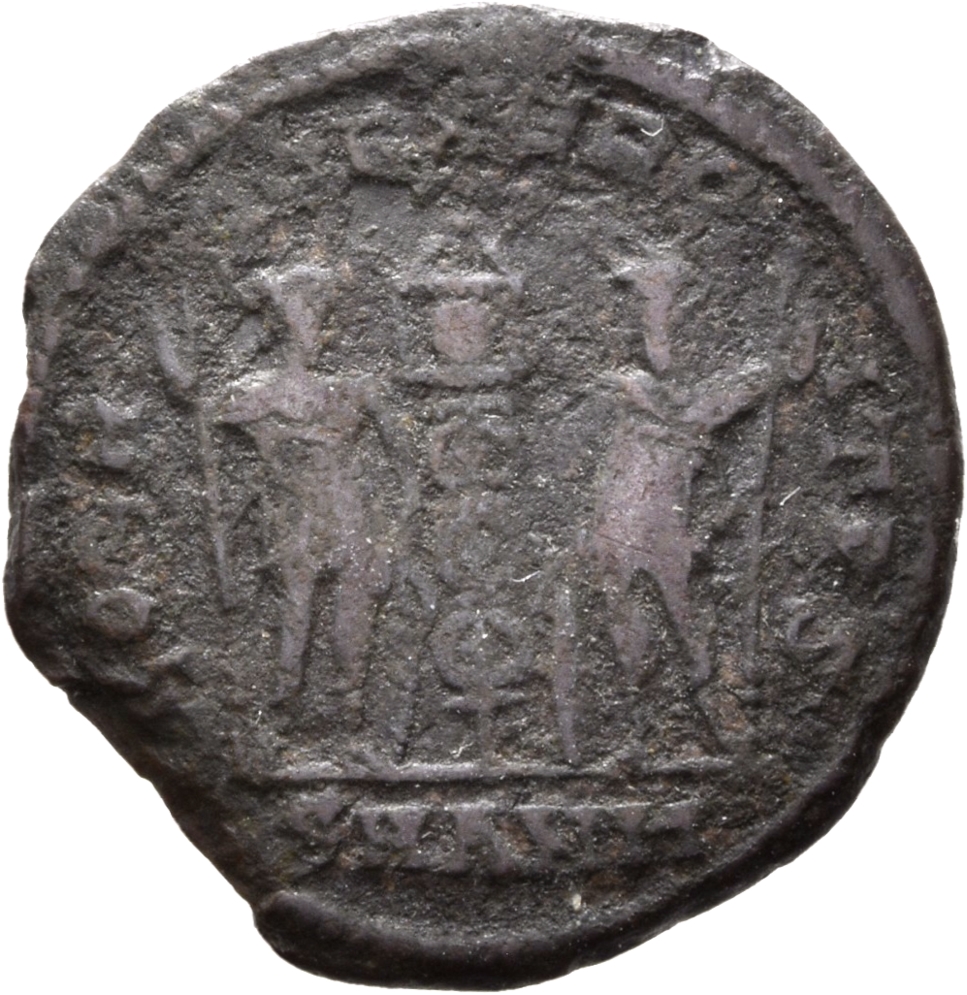 RIC VIII Antioch 46 Constantius II reverse, Two soldiers, helmeted, draped, cuirassed, facing front, heads toward each oth...