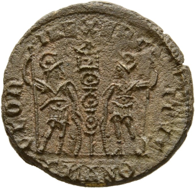RIC VIII Antioch 47 Constantius II reverse, Two soldiers, helmeted, draped, cuirassed, facing front, heads toward each oth...