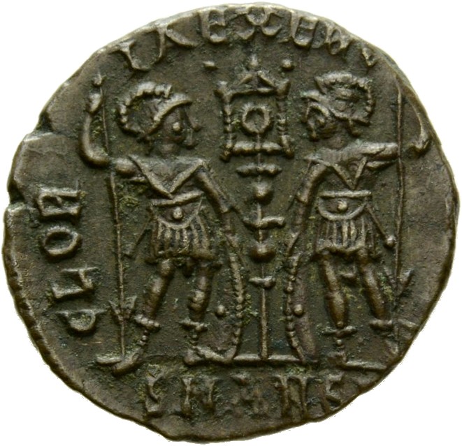 RIC VIII Antioch 49 Constantius II reverse, Two soldiers, helmeted, draped, cuirassed, facing front, heads toward each oth...