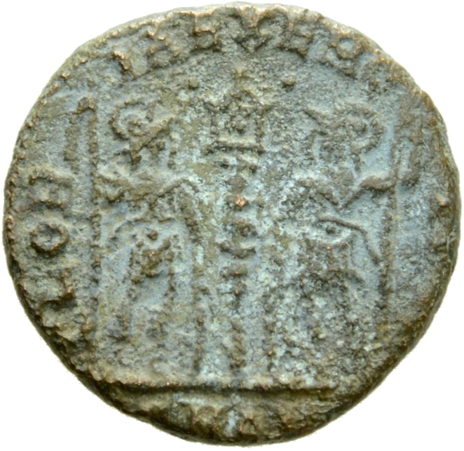 RIC VIII Antioch 51 Constantius II reverse, Two soldiers, helmeted, draped, cuirassed, facing front, heads toward each oth...