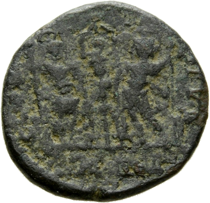 RIC VIII Antioch 52 Constantius II reverse, Two soldiers, helmeted, draped, cuirassed, facing front, heads toward each oth...
