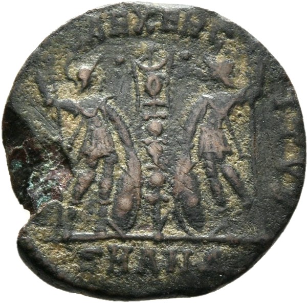 RIC VIII Antioch 53 Constantius II reverse, Two soldiers, helmeted, draped, cuirassed, facing front, heads toward each oth...