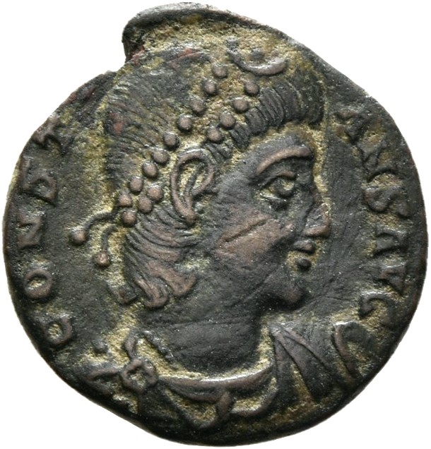 RIC VIII Antioch 53 Constantius II obverse, Bust of Constans, pearl-diademed, draped, cuirassed, right