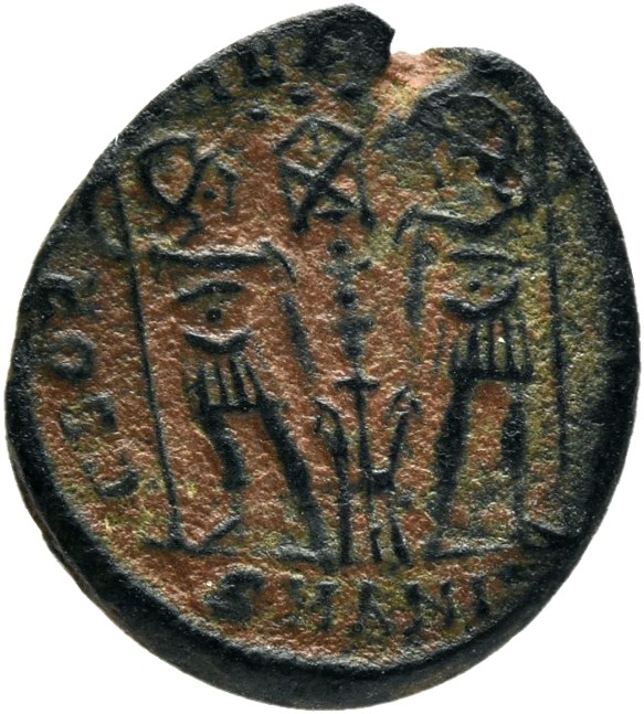 RIC VIII Antioch 54 Constantius II reverse, Two soldiers, helmeted, draped, cuirassed, facing front, heads toward each oth...
