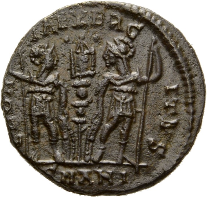 RIC VIII Antioch 55 Constantius II reverse, Two soldiers, helmeted, draped, cuirassed, facing front, heads toward each oth...