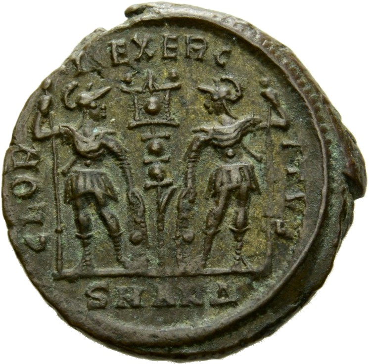 RIC VIII Antioch 56 Constantius II reverse, Two soldiers, helmeted, draped, cuirassed, facing front, heads toward each oth...