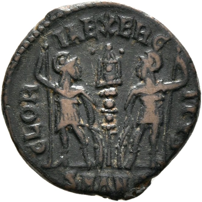 RIC VIII Antioch 56 Constantius II reverse, Two soldiers, helmeted, draped, cuirassed, facing front, heads toward each oth...