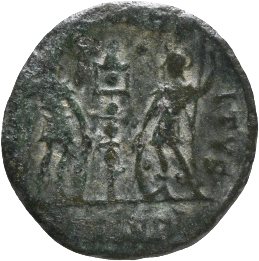 RIC VIII Antioch 57 Constantius II reverse, Two soldiers, helmeted, draped, cuirassed, facing front, heads toward each oth...