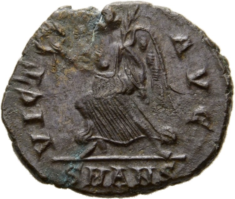 RIC VIII Antioch 65 Constantius II reverse, Victory, winged, draped, advancing left, holding wreath in right hand and palm...