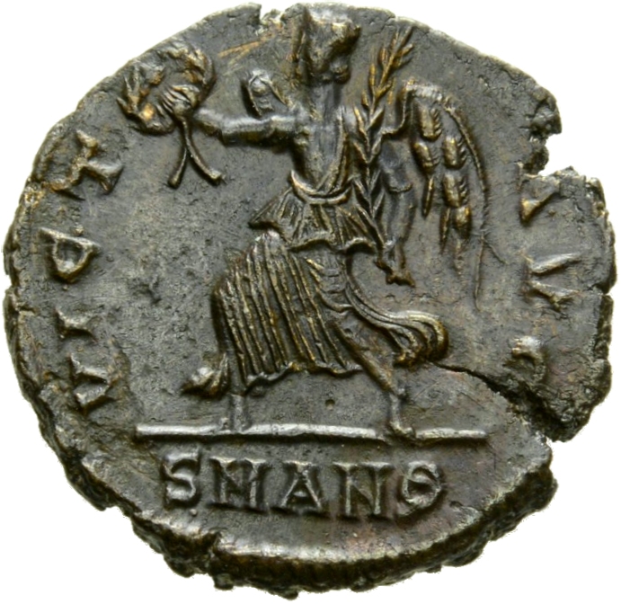 RIC VIII Antioch 66 Constantius II reverse, Victory, winged, draped, advancing left, holding wreath in right hand and palm...