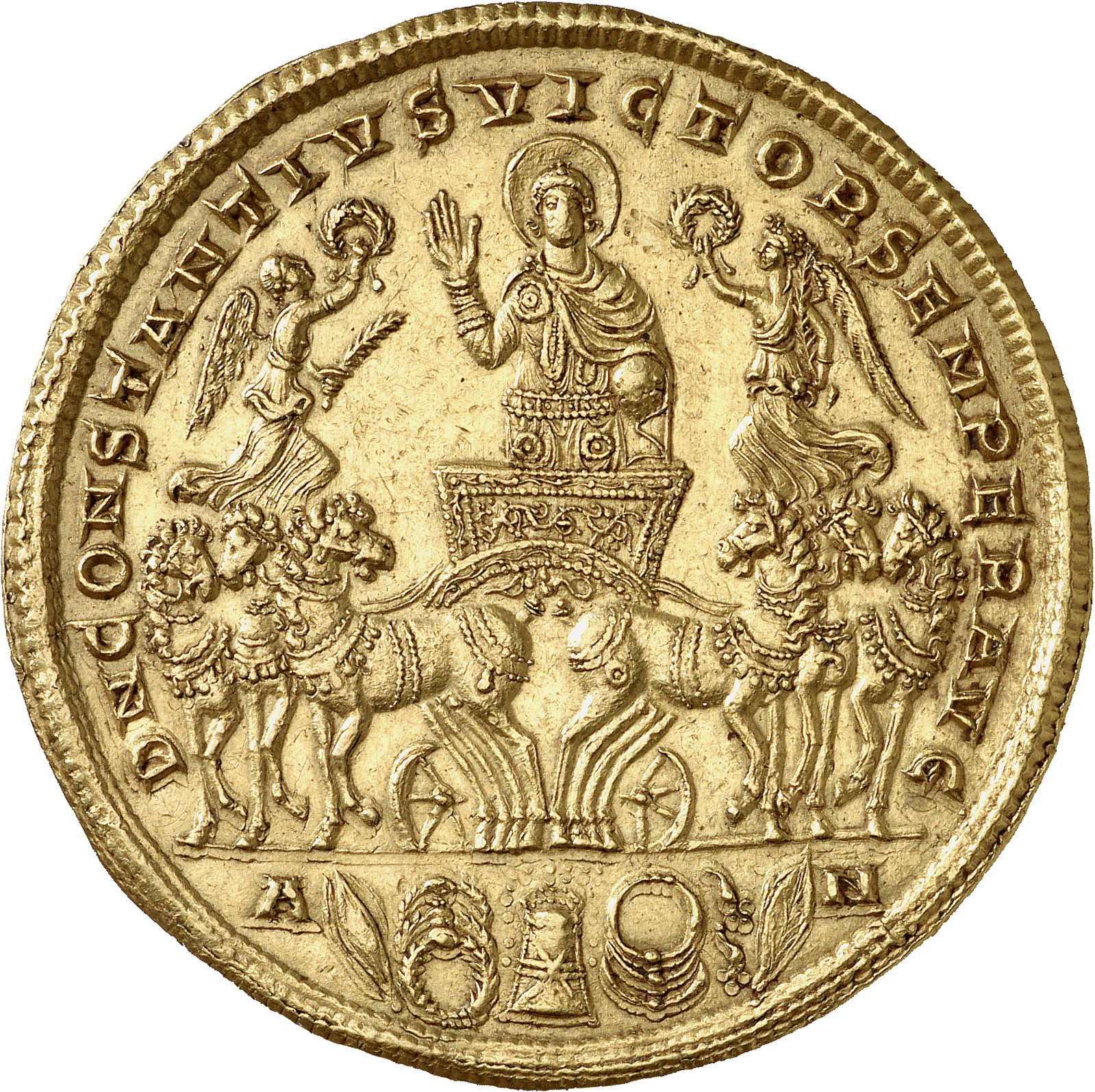RIC VIII Antioch 68 Constantius II reverse, Constantius II, nimbate, draped, cuirassed, standing front in a six-horse char...