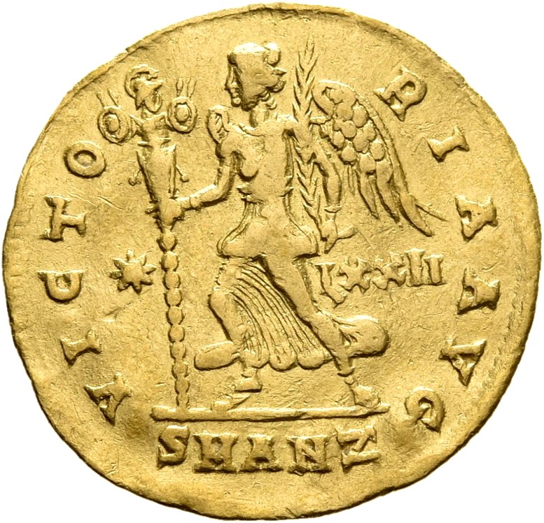 RIC VIII Antioch 7 Constantius II reverse, Victory, winged, draped, hastening left, holding trophy in right hand and palm ...