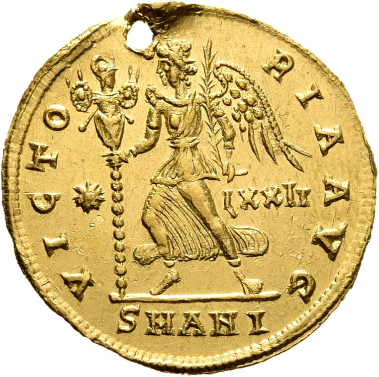 RIC VIII Antioch 7 Constantius II reverse, Victory, winged, draped, hastening left, holding trophy in right hand and palm ...