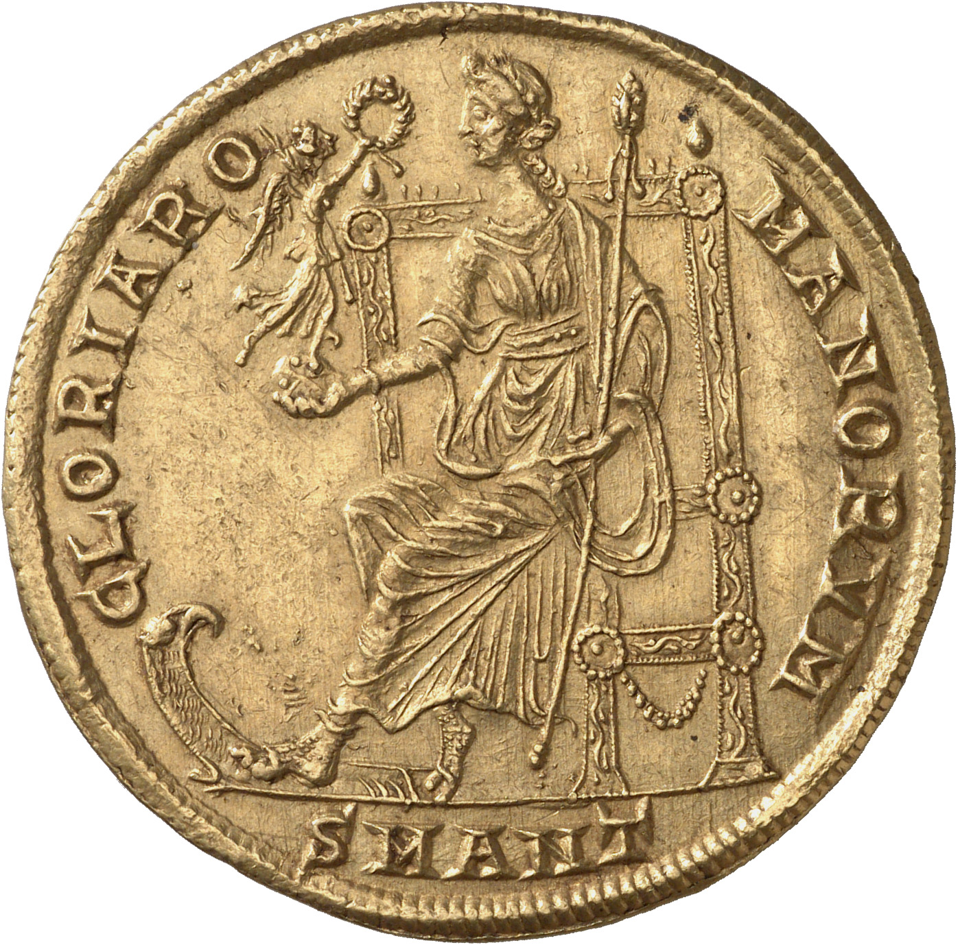 RIC VIII Antioch 71 Constantius II reverse, Constantinopolis, draped, enthroned, left, holding Victory on globe with wreat...