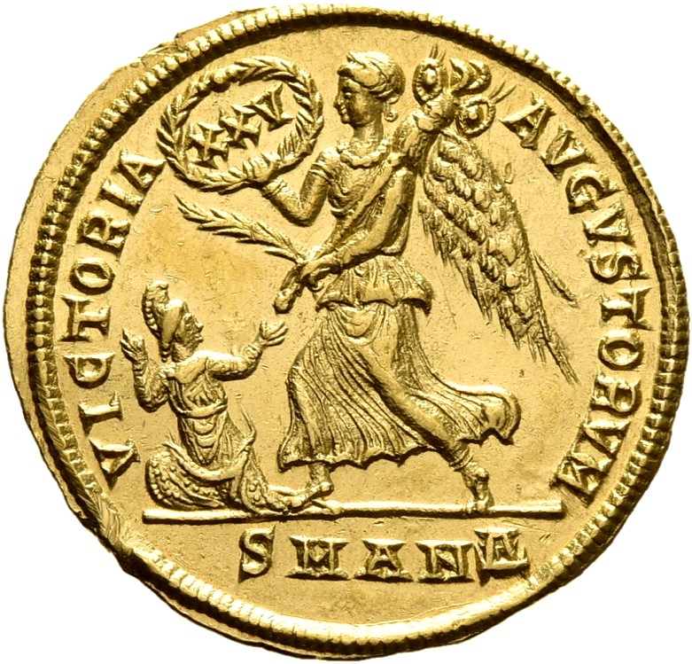 RIC VIII Antioch 79 Constantius II reverse, Victory, winged, draped, hastening left, holding wreath inscribed XXV in right...