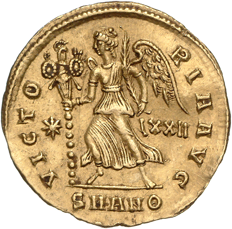 RIC VIII Antioch 8 Constantius II reverse, Victory, winged, draped, hastening left, holding trophy in right hand and palm ...