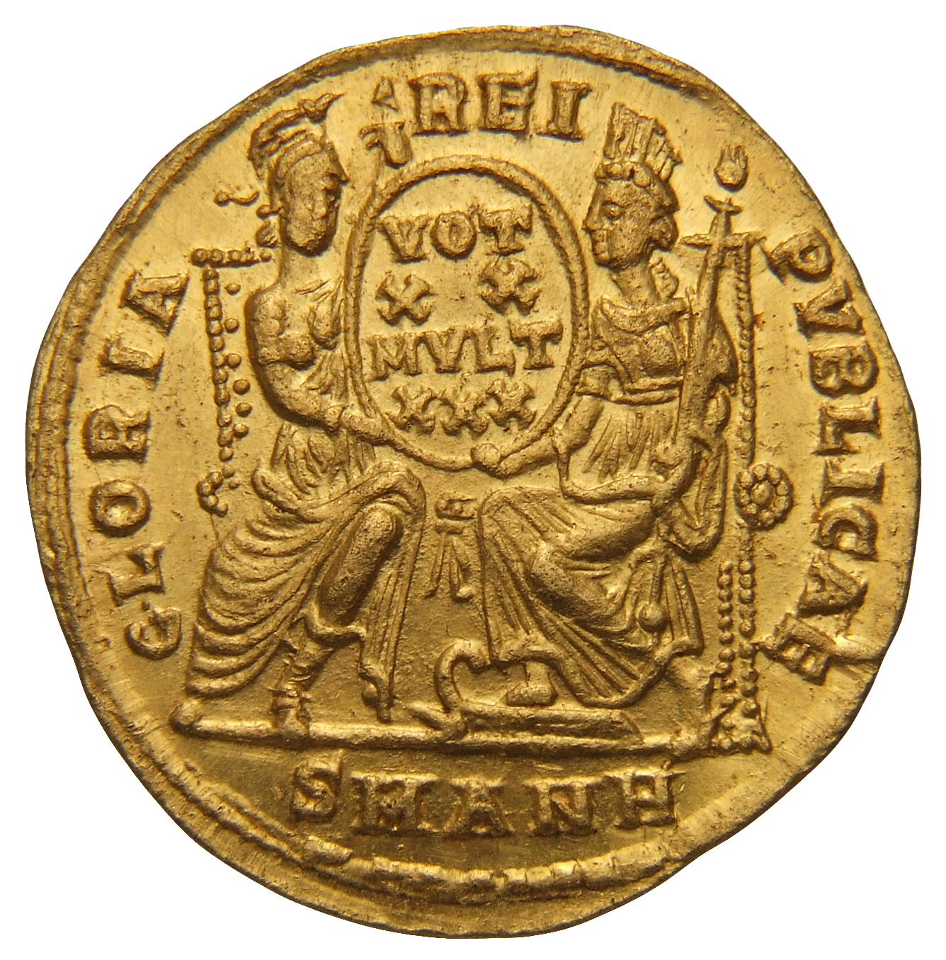 RIC VIII Antioch 84 Constantius II reverse, Roma, helmeted, draped, enthroned front, and Constantinopolis, draped, enthron...