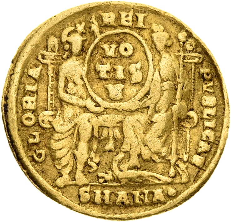 RIC VIII Antioch 90 Constantius II reverse, Roma, helmeted, draped, enthroned front, and Constantinopolis, draped, enthron...