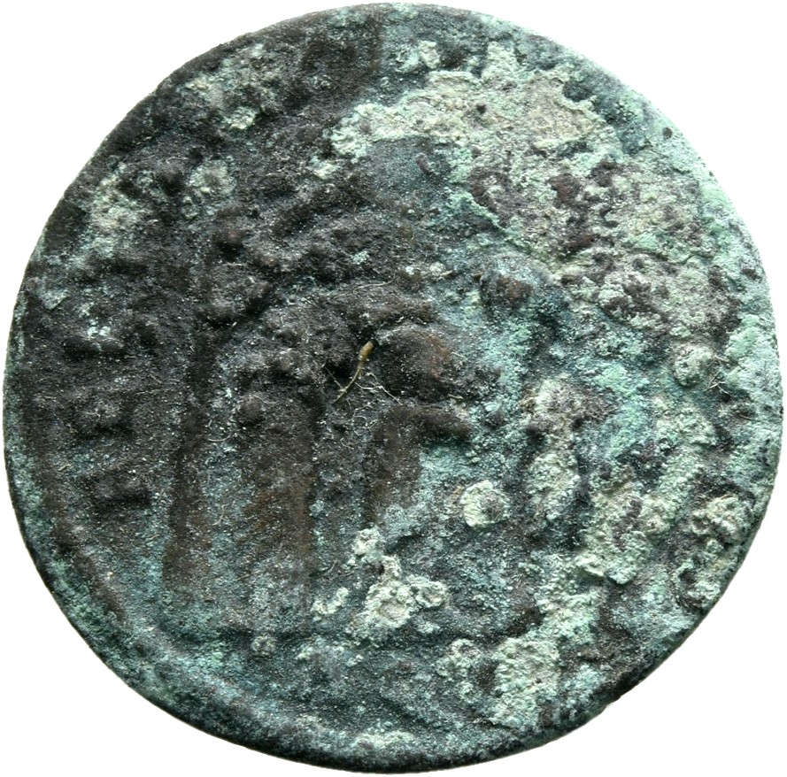 RIC VIII Aquileia 101 Constans reverse, Soldier, helmeted, draped, cuirassed, advancing right, head left, leading small ba...