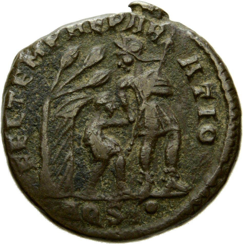 RIC VIII Aquileia 102 Constans reverse, Soldier, helmeted, draped, cuirassed, advancing right, head left, leading small ba...