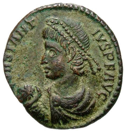 RIC VIII Aquileia 102 Constans obverse, Bust of Constantius II, pearl-diademed, draped, cuirassed, left, holding globe in ...