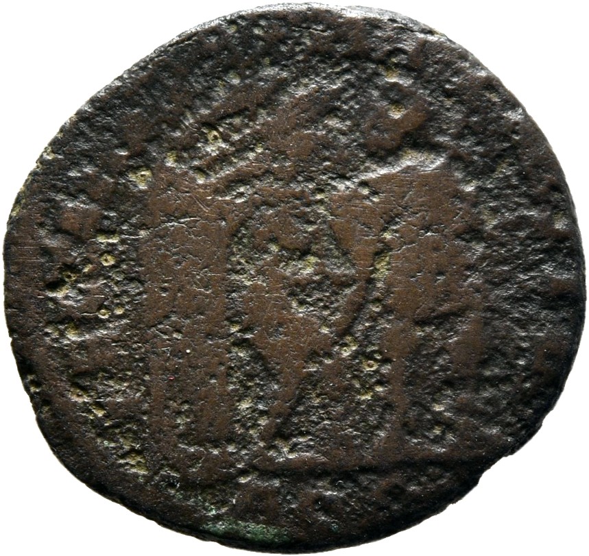 RIC VIII Aquileia 102 Constans reverse — Soldier, helmeted, draped, cuirassed, advancing right, head left, leading small b...