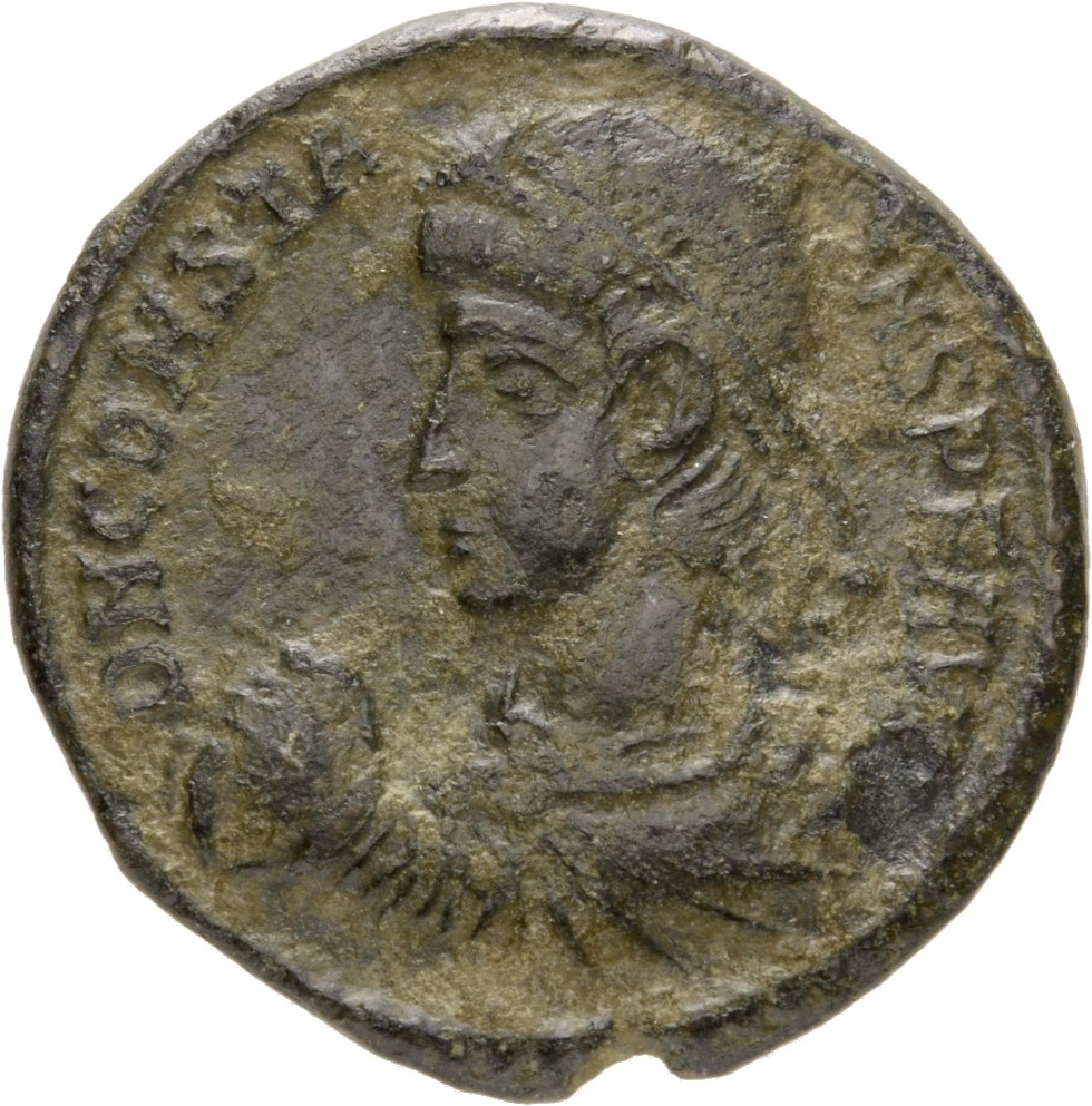 RIC VIII Aquileia 103 Constans obverse, Bust of Constans, pearl-diademed, draped, cuirassed, left, holding globe in right ...