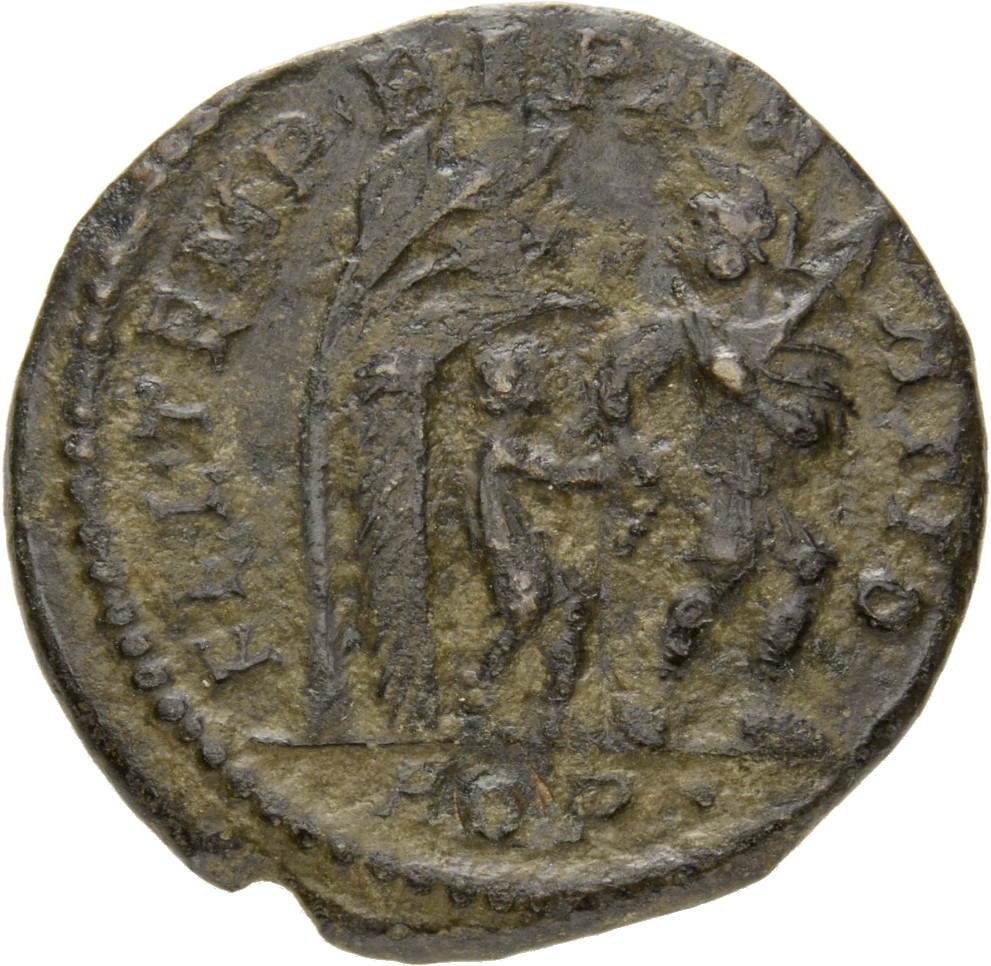 RIC VIII Aquileia 103 Constans reverse, Soldier, helmeted, draped, cuirassed, advancing right, head left, leading small ba...