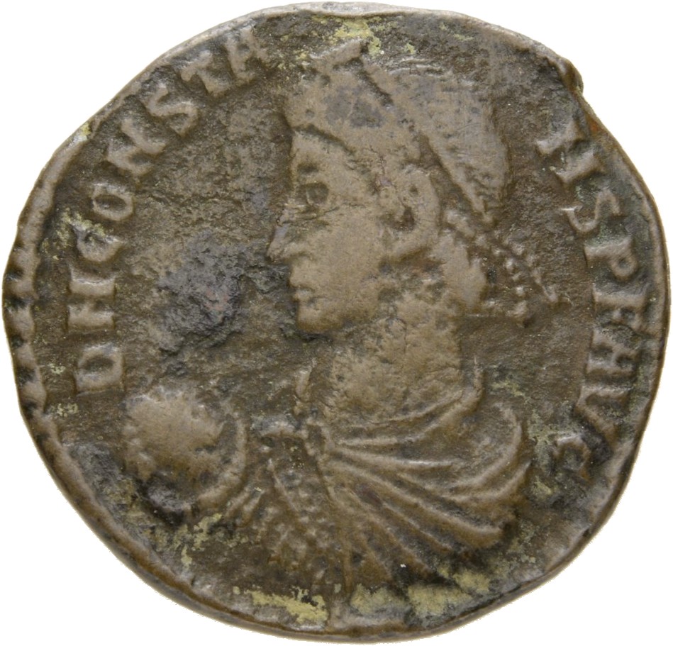 RIC VIII Aquileia 106 Constans obverse, Bust of Constans, pearl-diademed, draped, cuirassed, left, holding globe in right ...