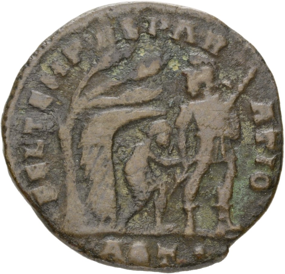 RIC VIII Aquileia 106 Constans reverse, Soldier, helmeted, draped, cuirassed, advancing right, head left, leading small ba...