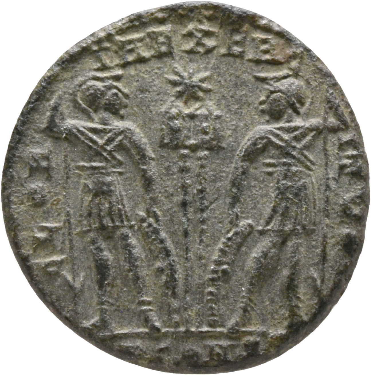 RIC VIII Aquileia 11 Constantine II reverse, Two soldiers, helmeted, draped, cuirassed, standing front, heads turned towar...