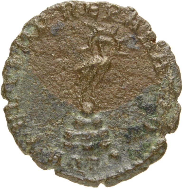 RIC VIII Aquileia 112 Constans reverse, Phoenix, radiate, standing right on rocky mound