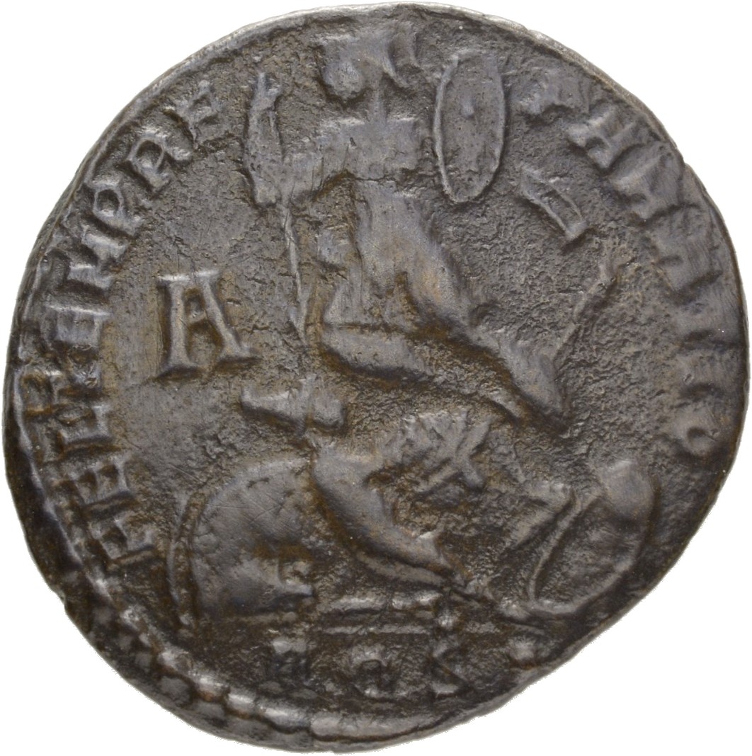 RIC VIII Aquileia 113 Constans reverse, Soldier, helmeted, draped, cuirassed, advancing left, spearing fallen horseman wit...