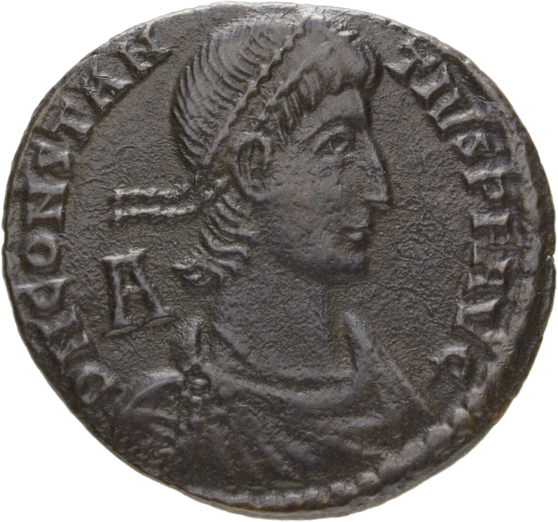 RIC VIII Aquileia 113 Constans obverse, Bust of Constantius II, pearl-diademed, draped, cuirassed, right; A behind bust