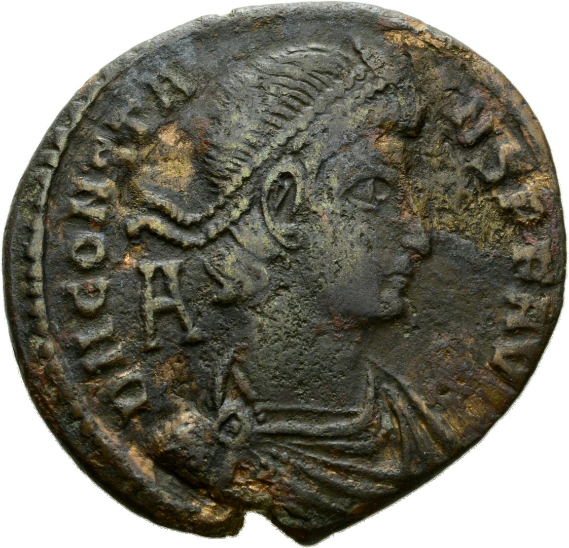 RIC VIII Aquileia 117 Constans obverse, Bust of Constans, pearl-diademed, draped, cuirassed, right; A behind bust