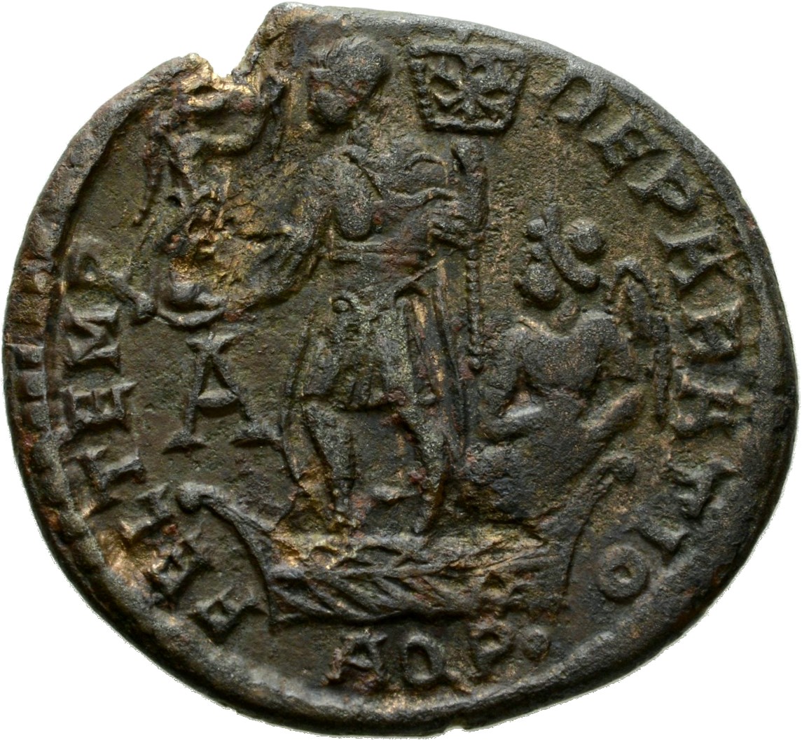RIC VIII Aquileia 117 Constans reverse, Constans, draped, cuirassed, standing left on galley, holding Victory on globe in ...