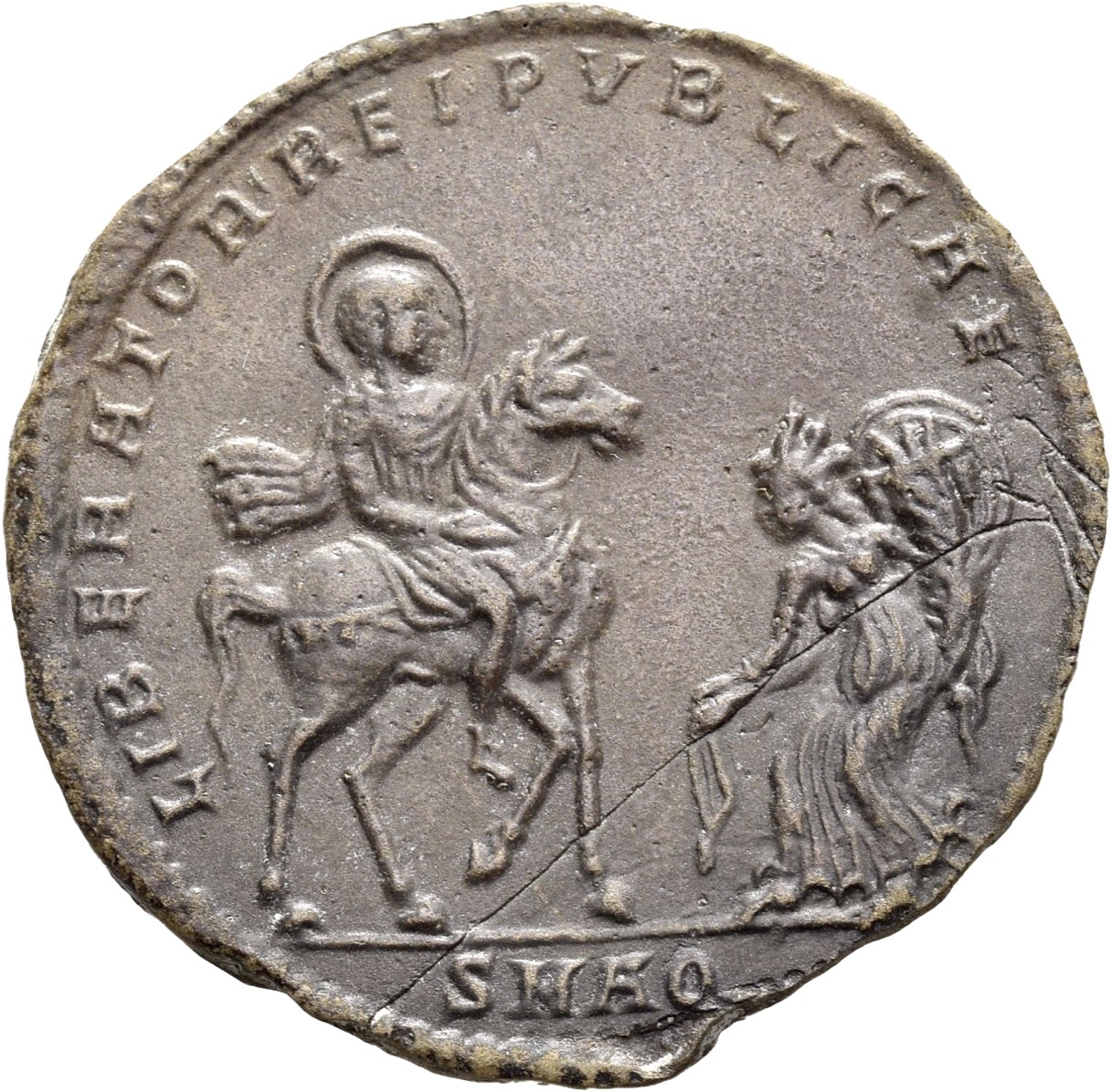 RIC VIII Aquileia 122 Magnentius reverse, Magnentius, nimbate, draped, cuirassed, riding right; Res Publica, wearing mural...