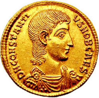 RIC VIII Aquileia 149 Magnentius obverse — Bust of Constantius II, pearl-diademed, draped, cuirassed, left, holding globe ...