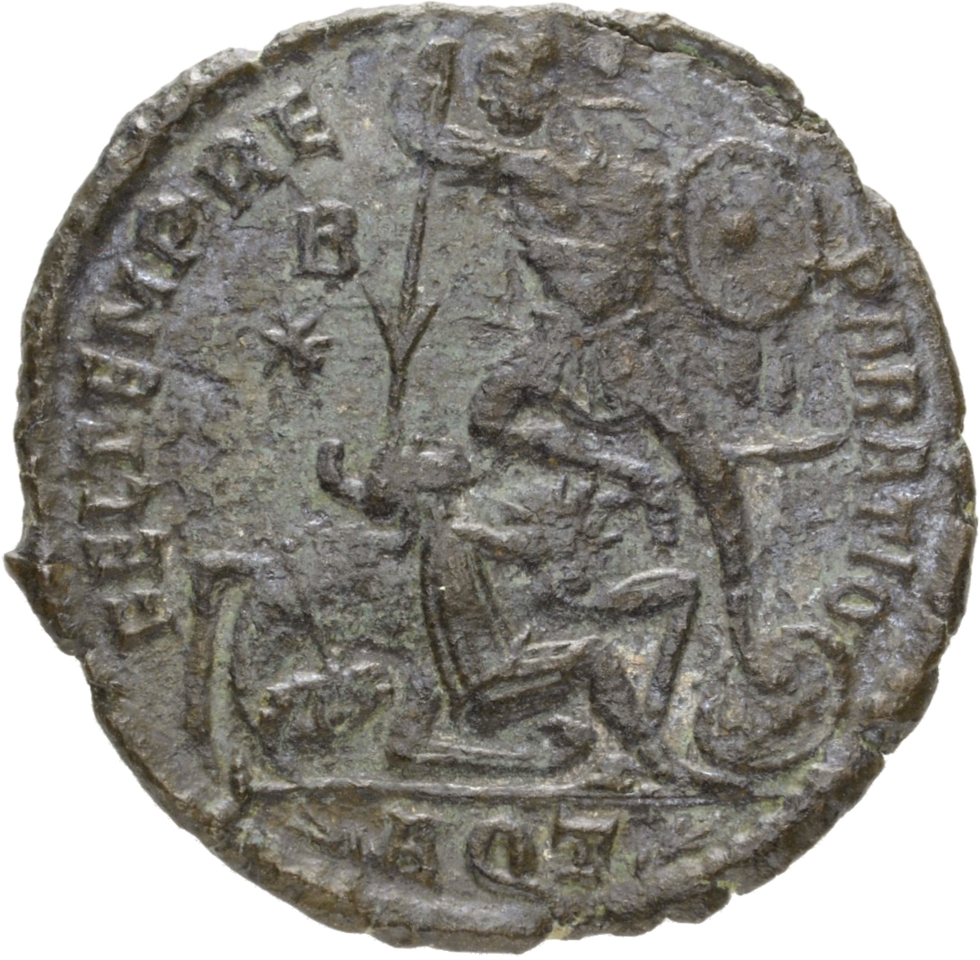 RIC VIII Aquileia 154 Magnentius reverse, Two soldiers, helmeted, draped, cuirassed, standing front, heads turned toward o...