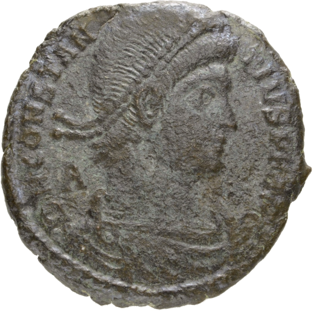 RIC VIII Aquileia 154 Magnentius obverse, Bust of Constantius II, pearl-diademed, draped, cuirassed, right; A behind bust