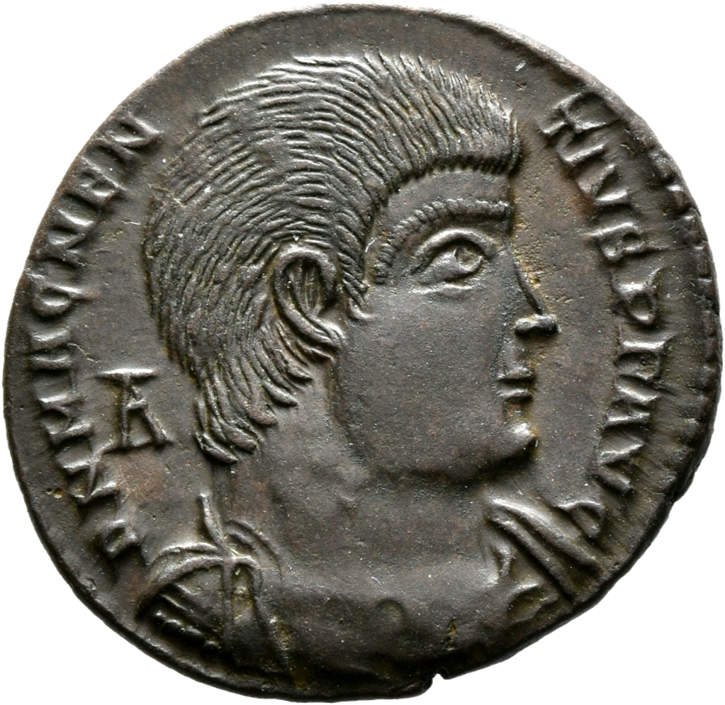 RIC VIII Aquileia 167 Magnentius obverse, Bust of Magnentius, bareheaded, draped, cuirassed, right; A behind bust