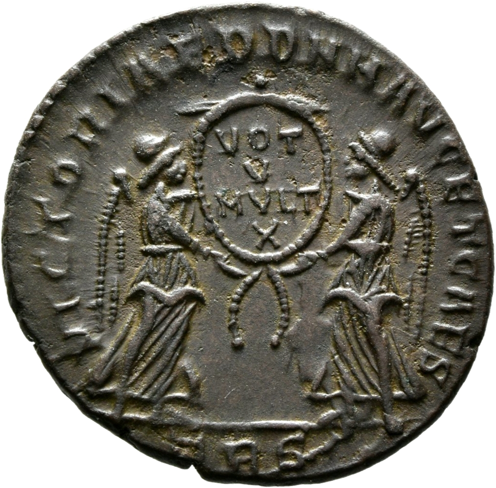 RIC VIII Aquileia 167 Magnentius reverse, Two Victories, winged, draped, facing each other, holding between them a wreath ...
