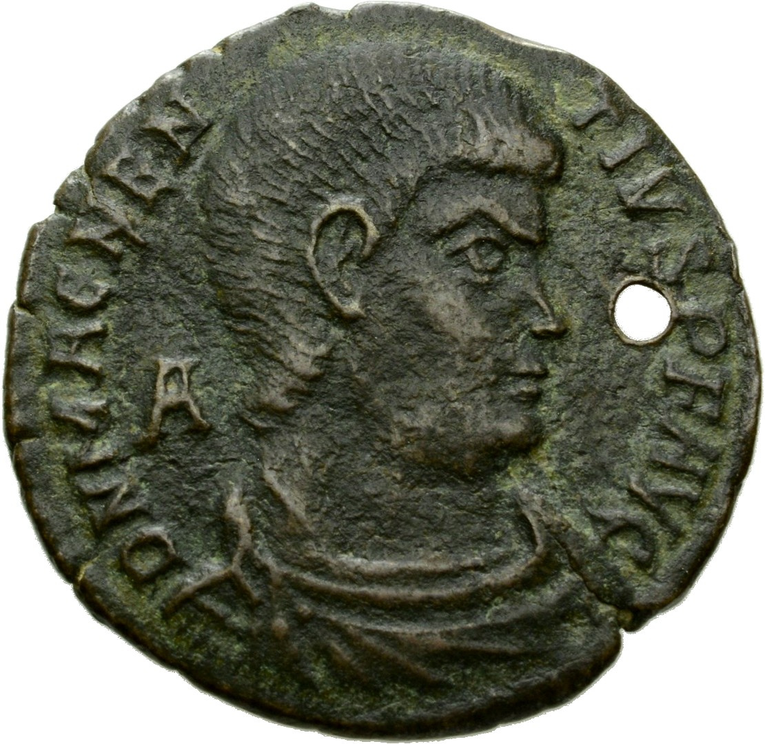 RIC VIII Aquileia 170 Magnentius obverse, Bust of Magnentius, bareheaded, draped, cuirassed, right; A behind bust