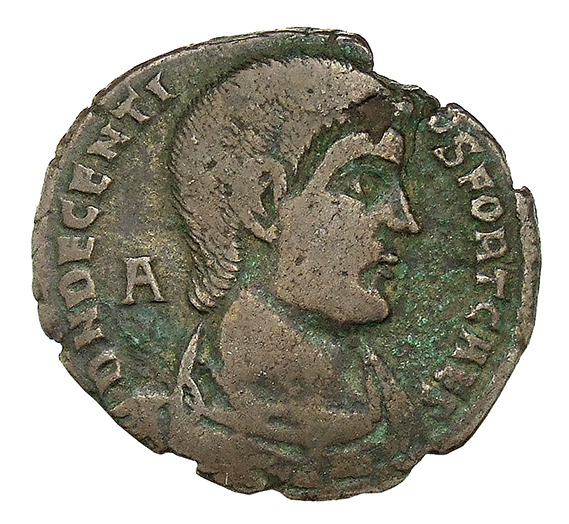 RIC VIII Aquileia 174 Magnentius obverse, Bust of Decentius, bareheaded, draped, cuirassed, right; A behind bust