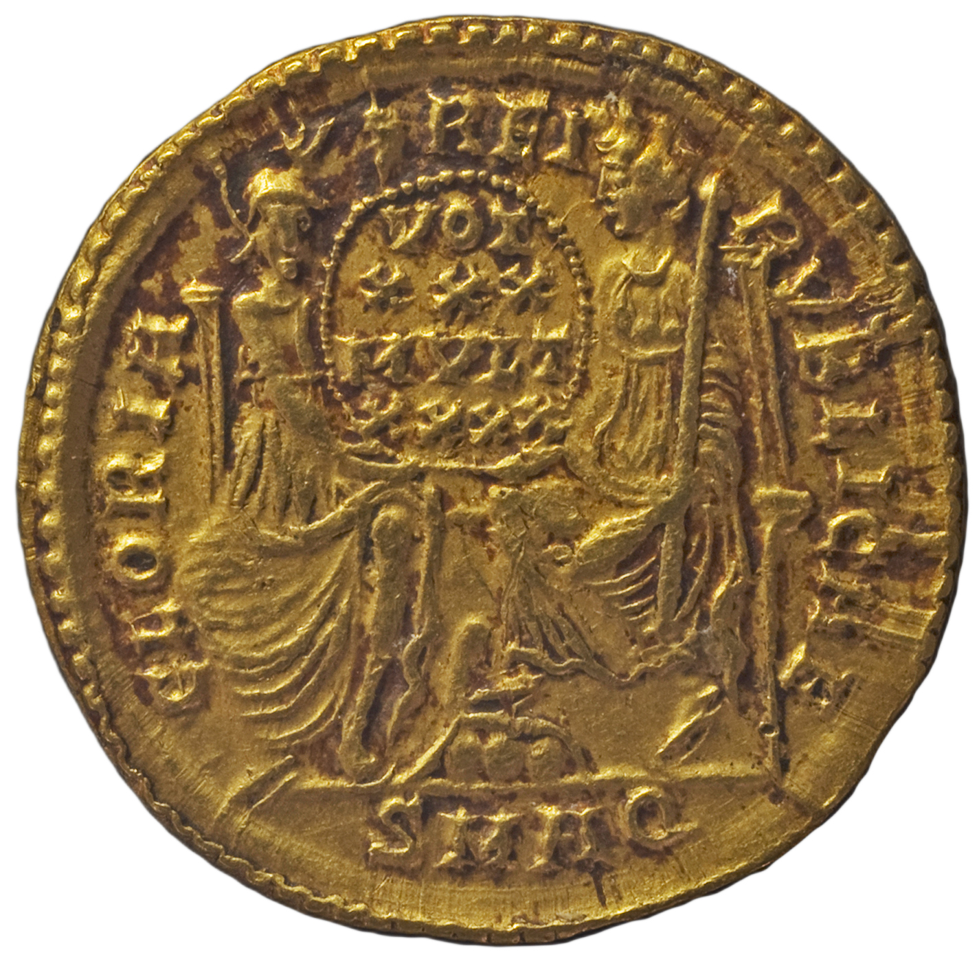 RIC VIII Aquileia 179 Constantius II reverse, Roma, helmeted, draped, enthroned front, and Constantinopolis, draped, enthr...