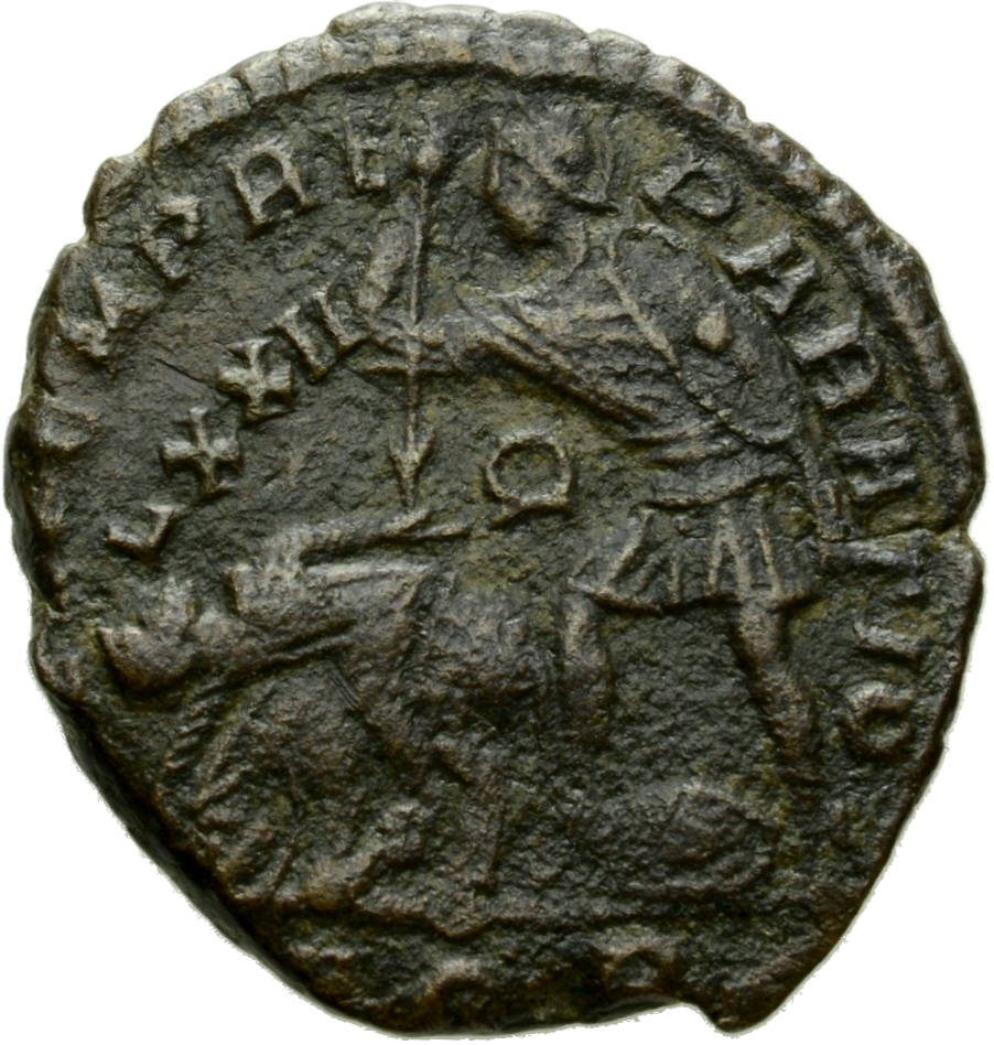 RIC VIII Aquileia 197 Constantius II reverse, Soldier, helmeted, draped, cuirassed, advancing left, spearing fallen horsem...