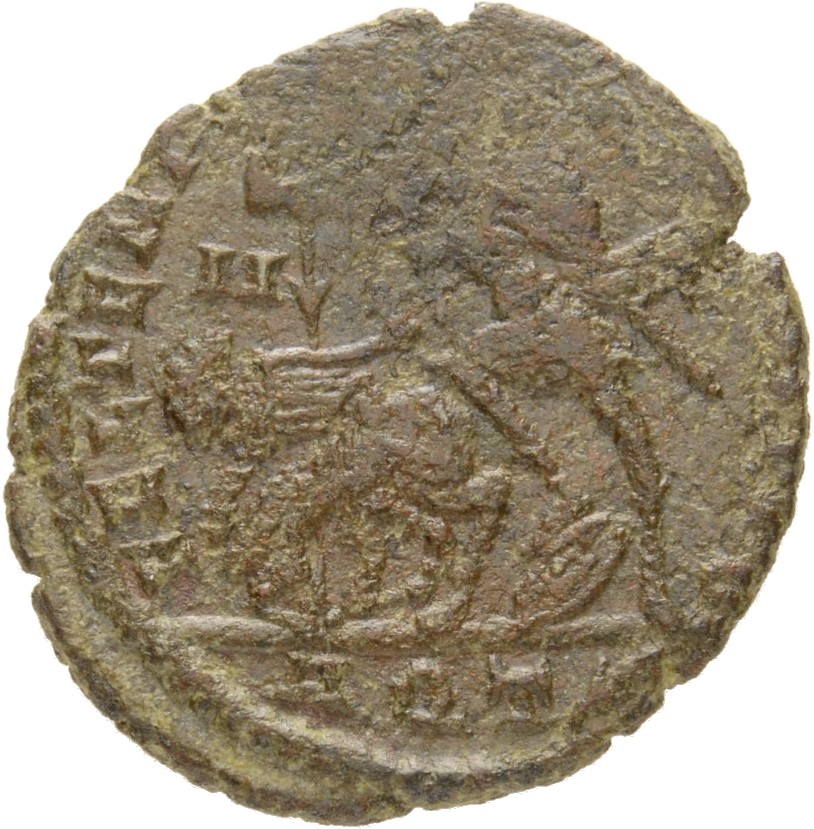 RIC VIII Aquileia 214 Constantius II reverse, Soldier, helmeted, draped, cuirassed, advancing left, spearing fallen horsem...