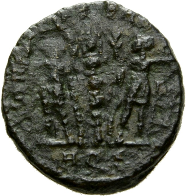 RIC VIII Aquileia 23 Constantine II reverse, Two soldiers, helmeted, draped, cuirassed, standing front, heads turned towar...