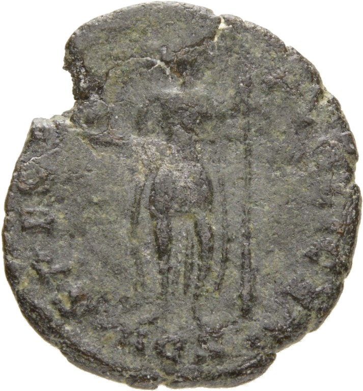 RIC VIII Aquileia 235 Constantius II reverse, Constantius II, helmeted, draped, cuirassed, standing left, holding globe in...